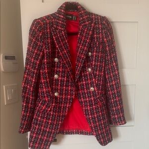 Chic Red and Black Tweed Blazer